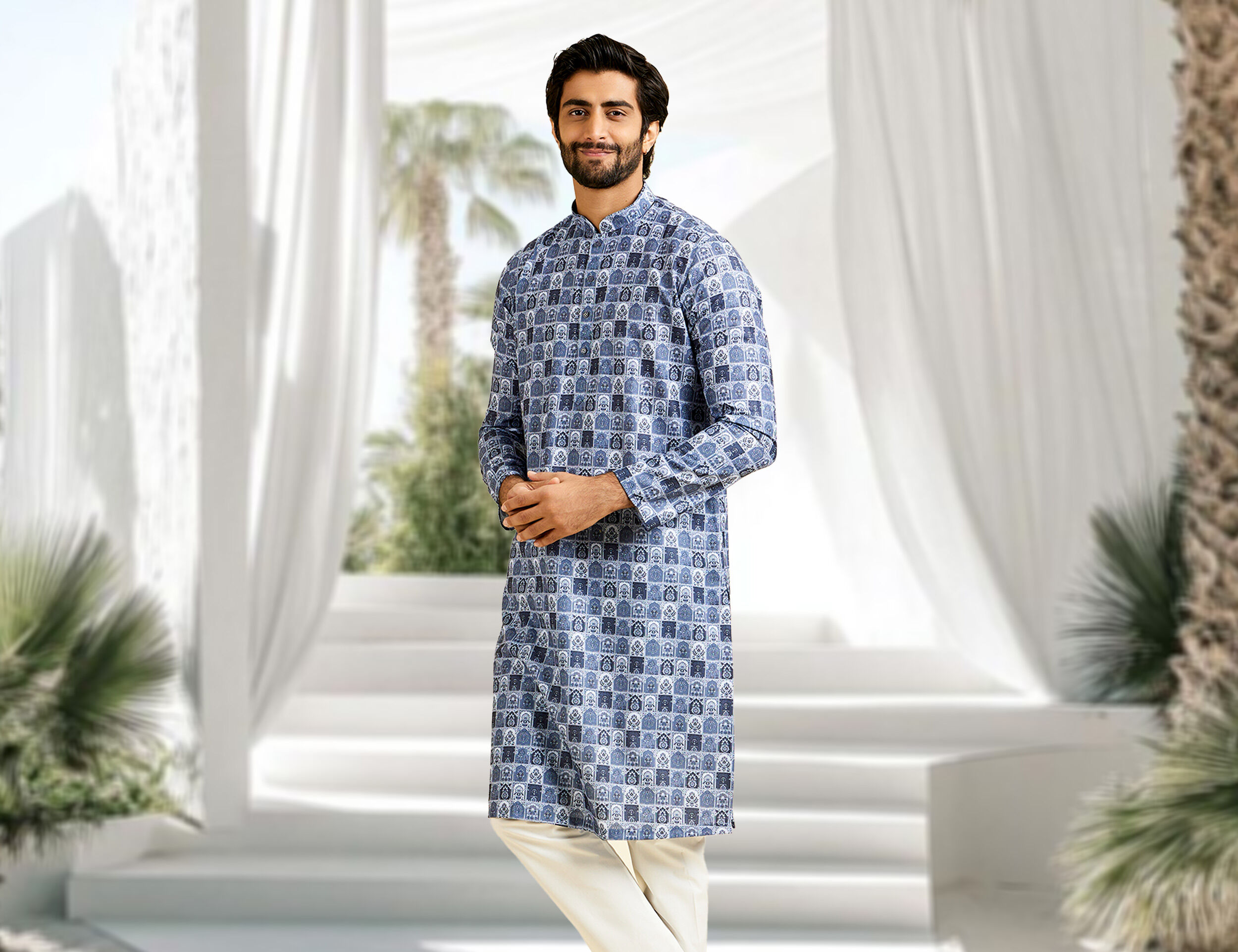 Man wearing beautiful blue pattern cotton kurta, go to for every occasion
